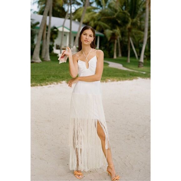 NEW Anthropologie Delfi Collective White Fringe Cocktail Wedding Dress Large - Picture 5 of 6